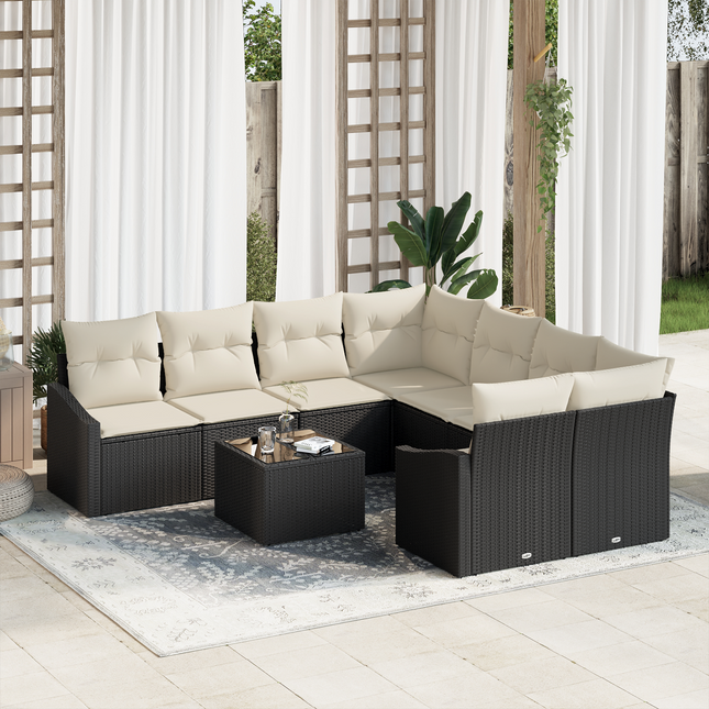 Sofa Sæt med pude med opbevaring 9 pcs Sort og Cream polyrattan