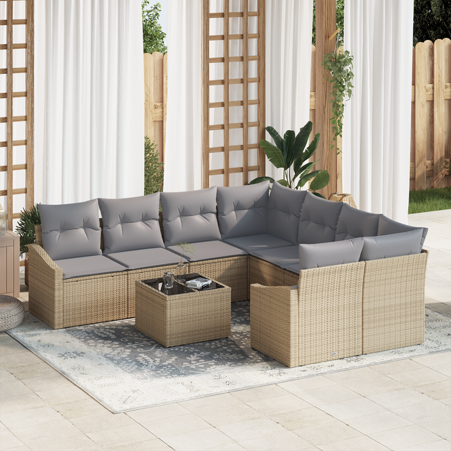 Sofa Sæt med pude med opbevaring 9 pcs Beige og grå polyrattan