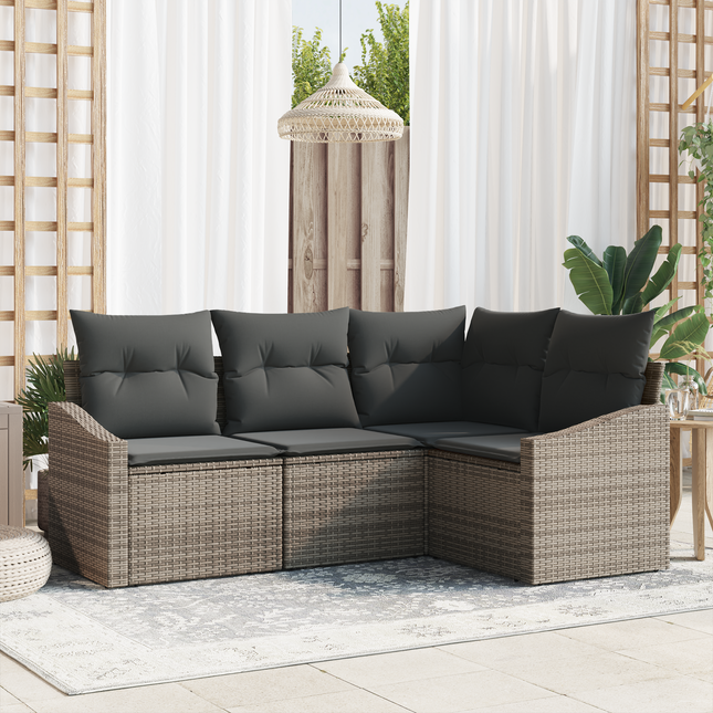 Havesofa Sæt med pude med opbevaring 4 pcs Grå polyrattan