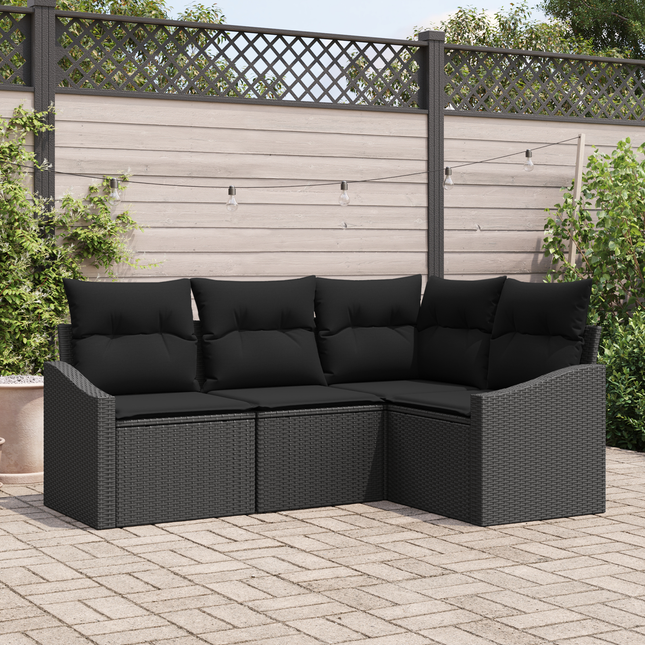Havesofa Sæt med pude med opbevaring 4 pcs Sort polyrattan