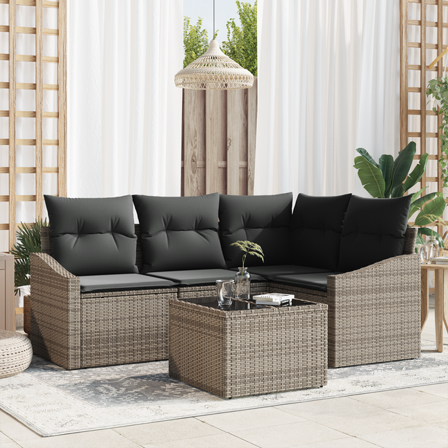 Havesofa Sæt med pude med opbevaring 5 pcs Lysegrå polyrattan