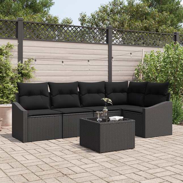 Havesofa Sæt med pude med opbevaring 6 pcs Sort polyrattan