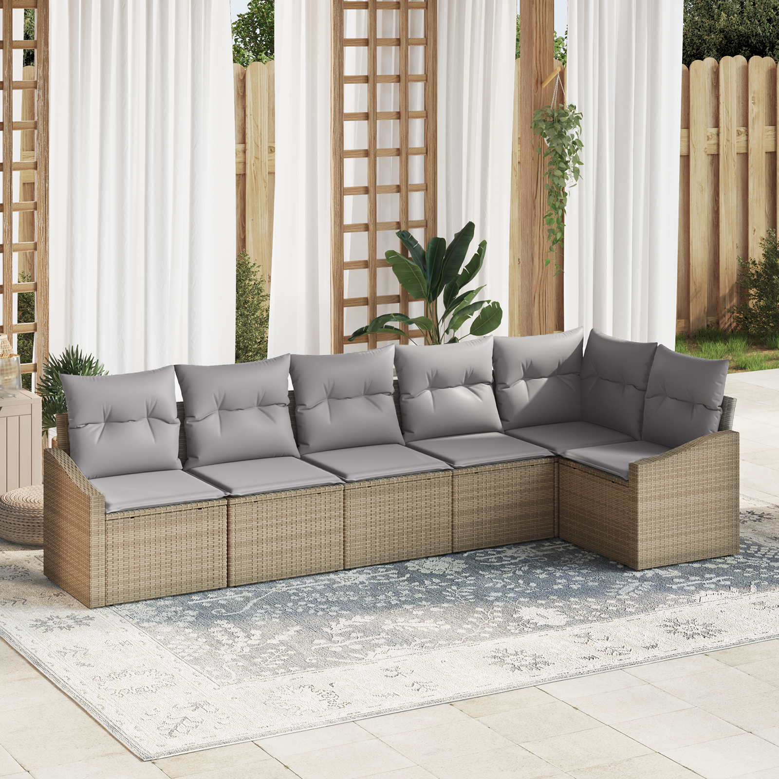 Havesofa Sæt med pude 6 pcs Beige og lys grå polyrattan
