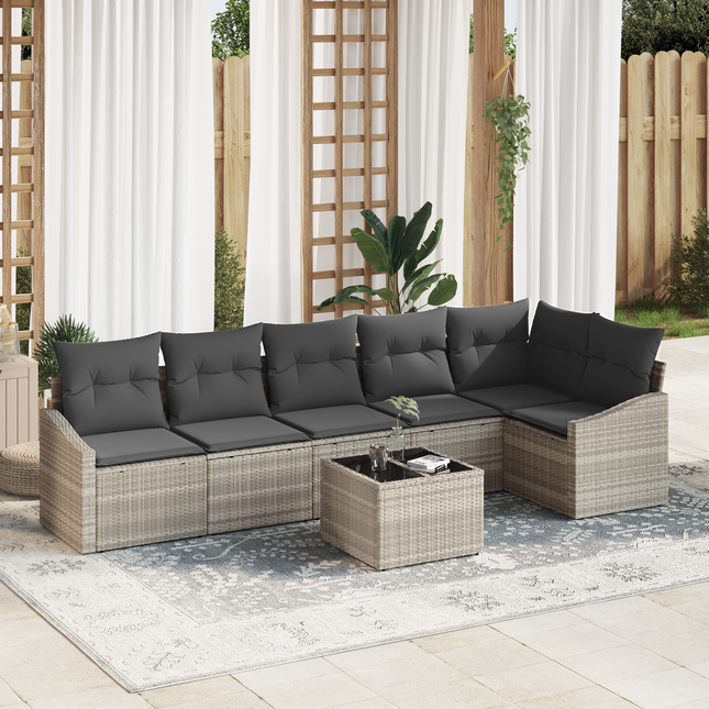 Havesofa Sæt med pude med opbevaring 7 pcs Lysegrå polyrattan