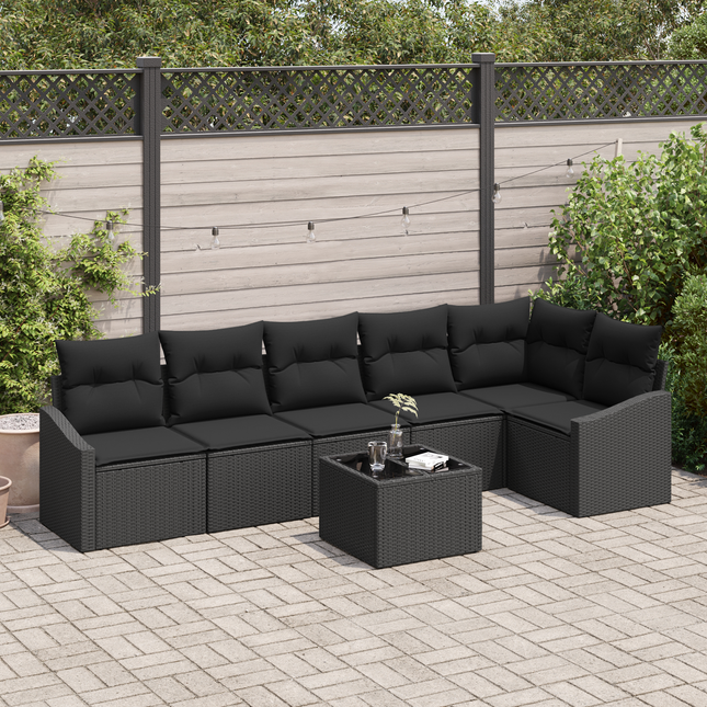 Havesofa Sæt med pude med opbevaring 7 pcs Sort polyrattan