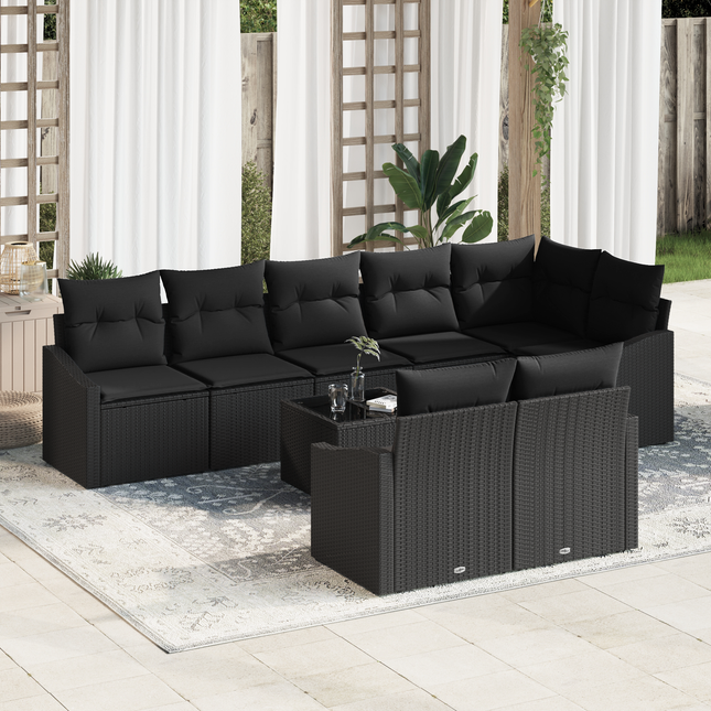 Havesofa Sæt med pude med opbevaring 9 pcs Sort polyrattan