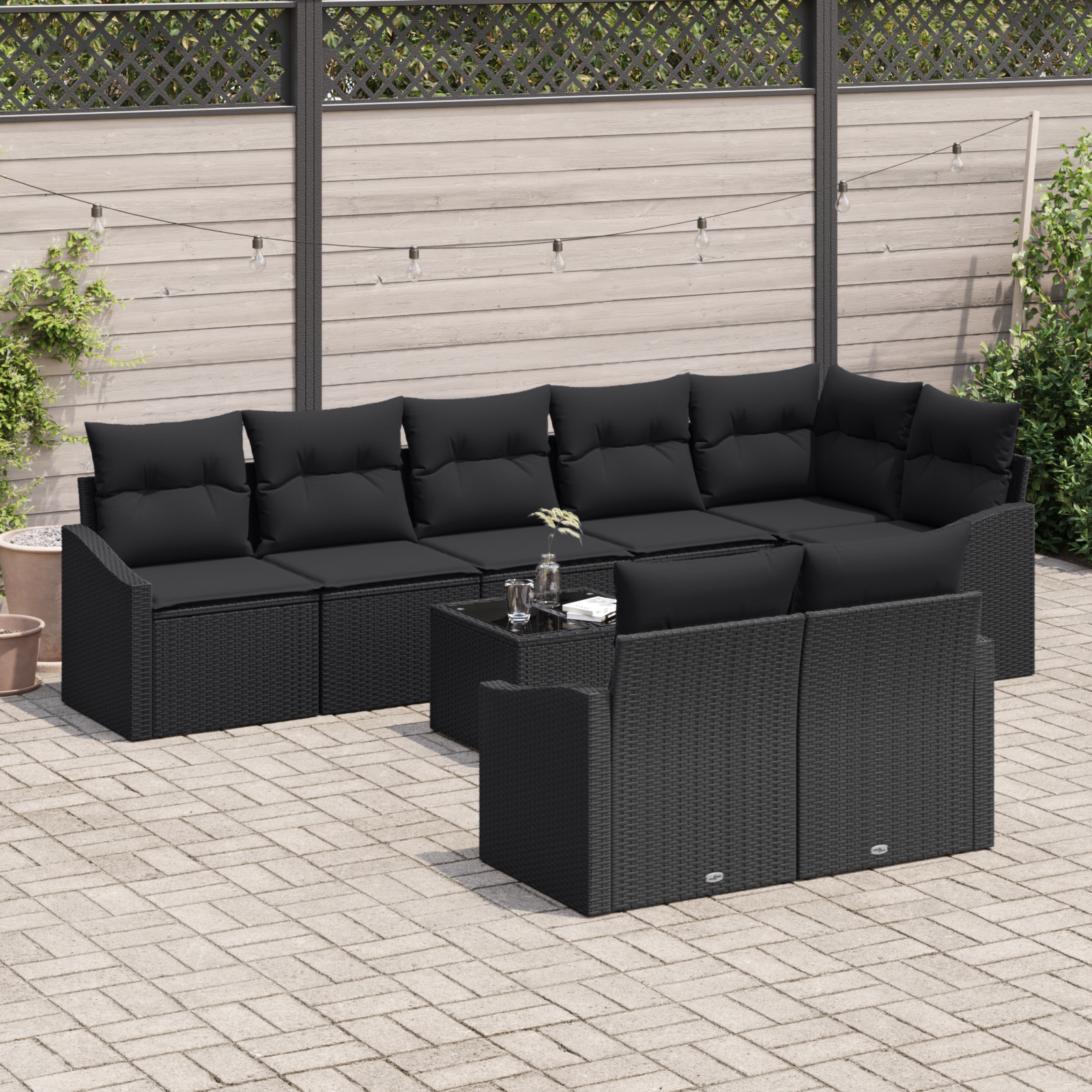 Havesofa Sæt med pude med opbevaring 9 pcs Sort polyrattan