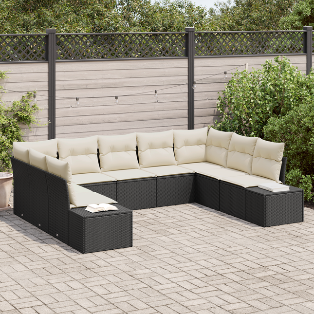 Havesofa Sæt med pude 9 pcs Sort og Cream Polyrattan