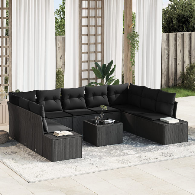 Havesofa Sæt med pude 9 pcs Sort Polyrattan