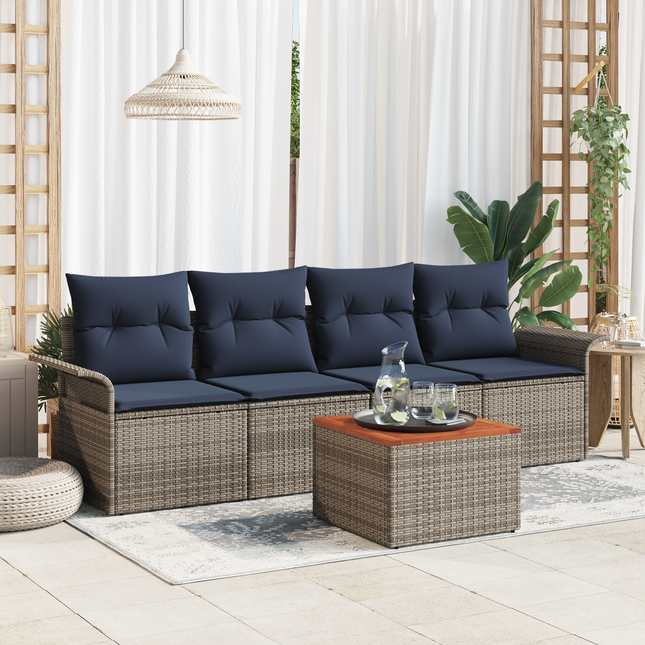 Havesofa Sæt med opbevaring 5 pcs Grå og Marineblå polyrattan