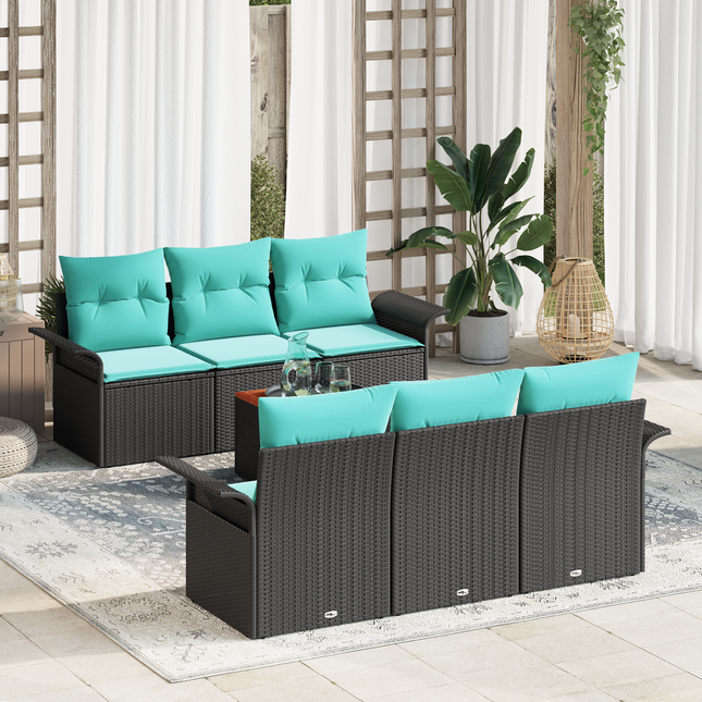 Havesofa Sæt med opbevaring 7 pcs Sort og turkis polyrattan