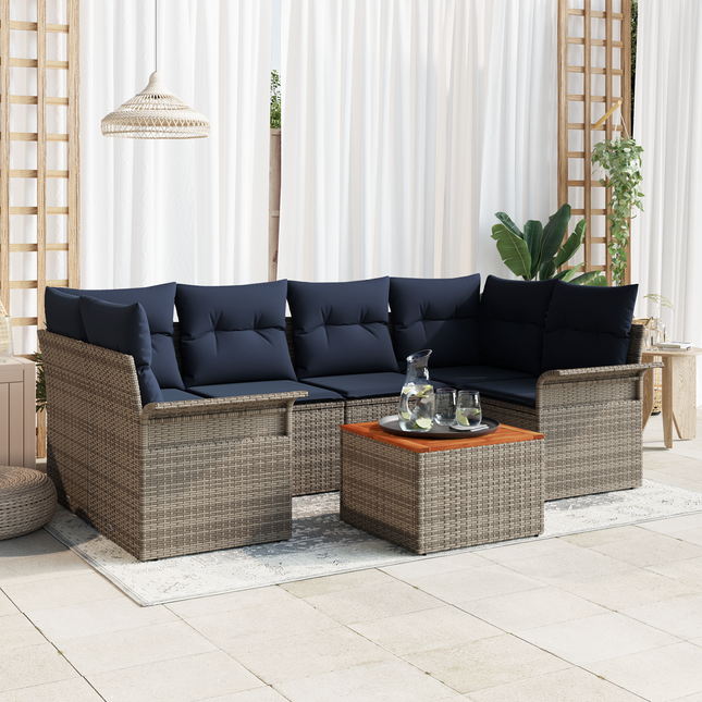 Havesofa Sæt med opbevaring 7 pcs Grå og Marineblå polyrattan