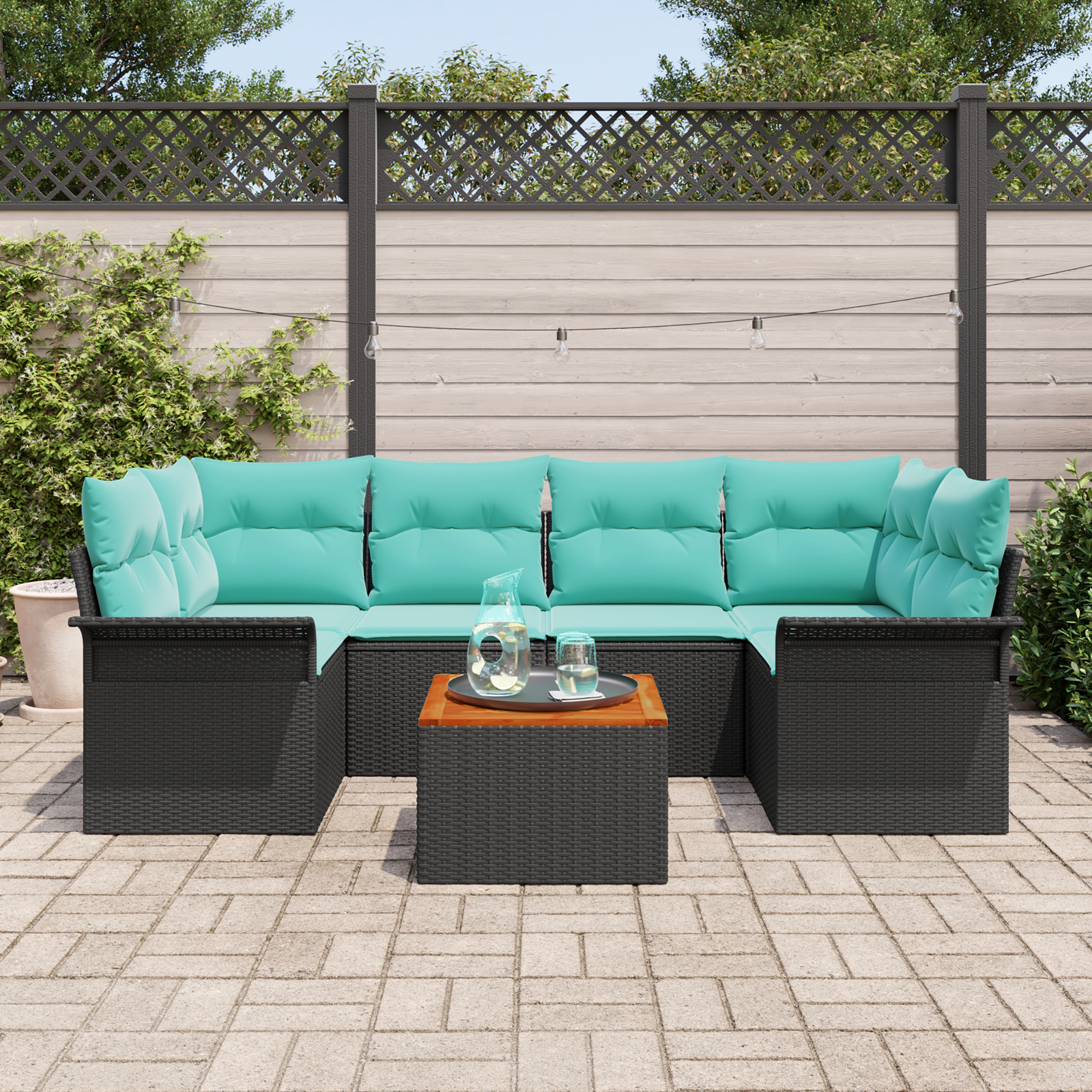 Havesofa Sæt med opbevaring 7 pcs Sort og turkis polyrattan
