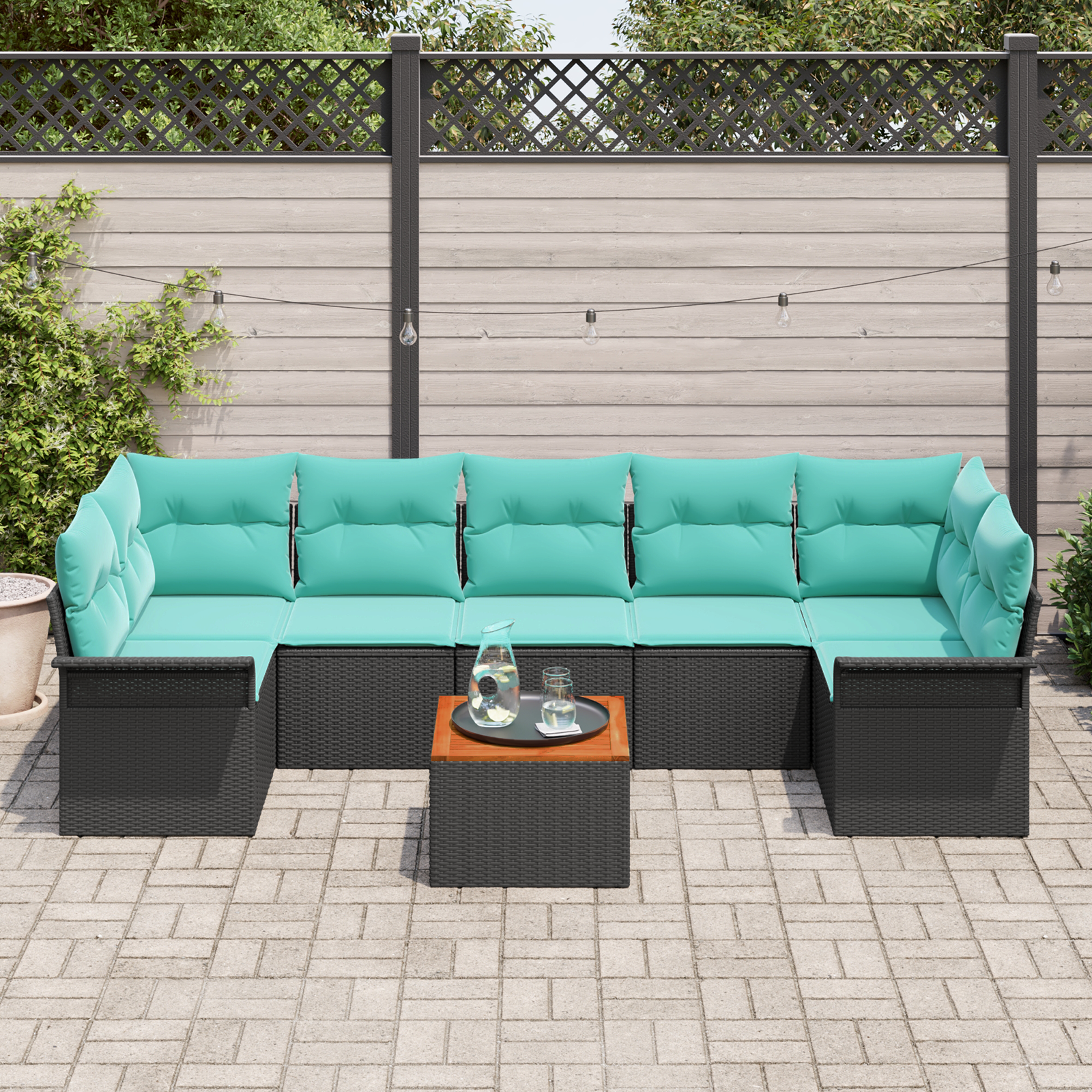 Havesofa Sæt med opbevaring 8 pcs Sort og turkis polyrattan