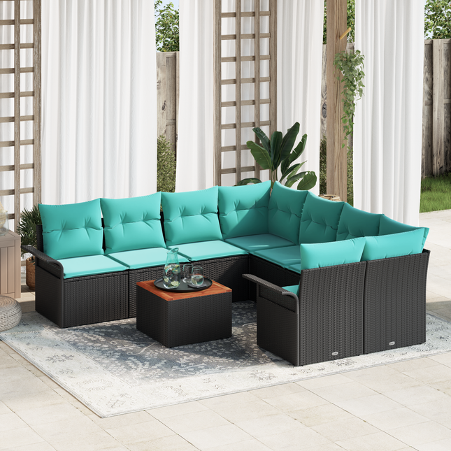 Havesofa Sæt med opbevaring 9 pcs Sort og turkis polyrattan