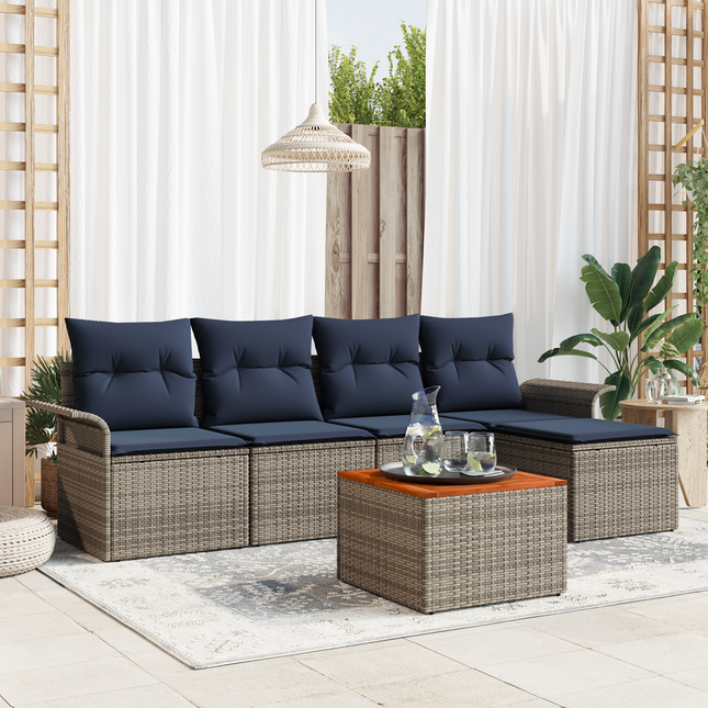 Havesofa Sæt med opbevaring 6 pcs Grå og Marineblå polyrattan