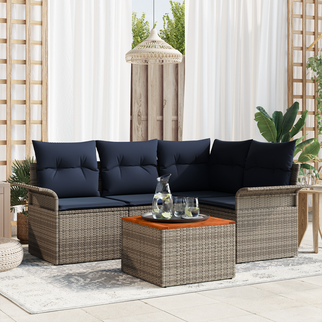 Havesofa Sæt med opbevaring 5 pcs Grå og Marineblå polyrattan