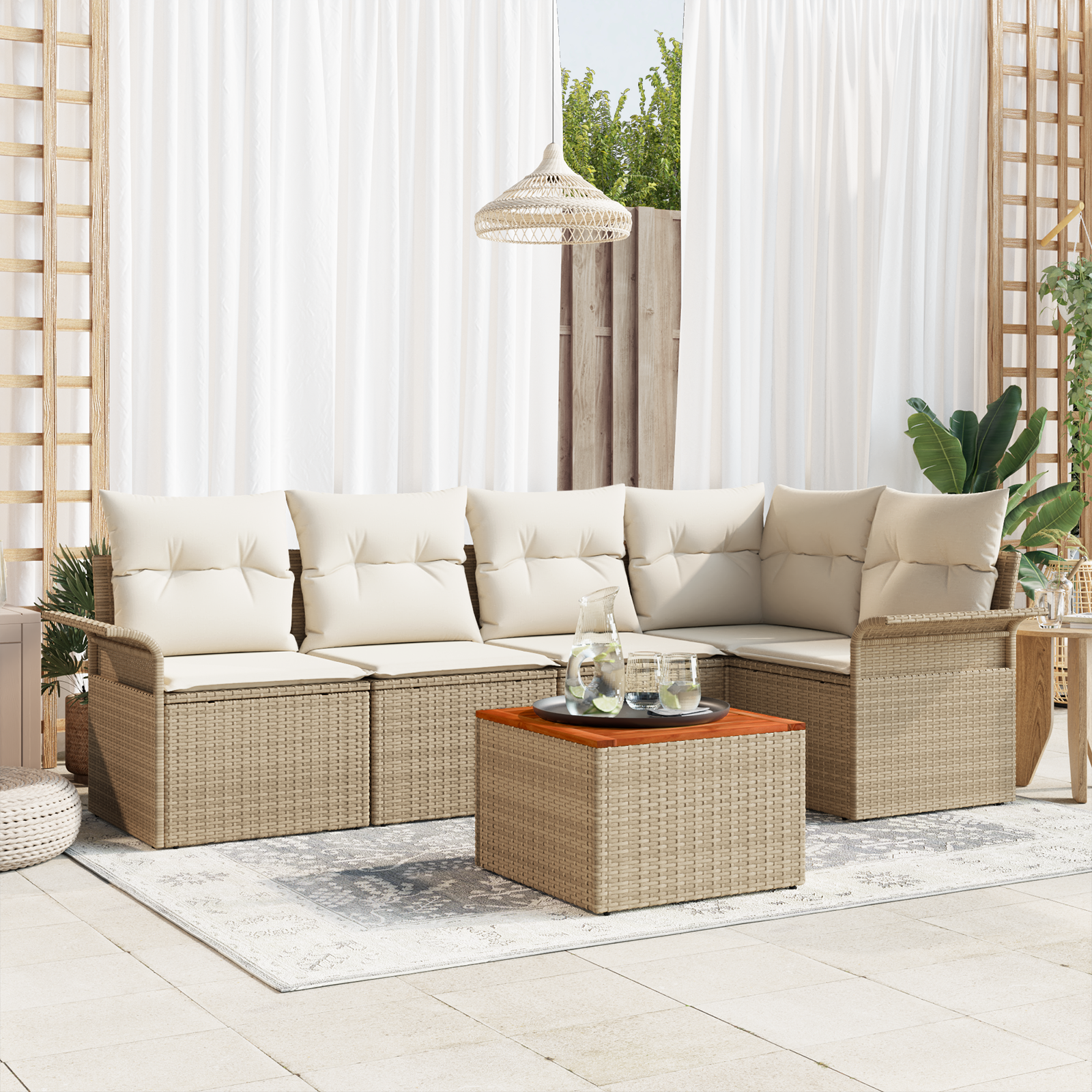 Havesofa Sæt med opbevaring 6 pcs Beige og creme polyrattan