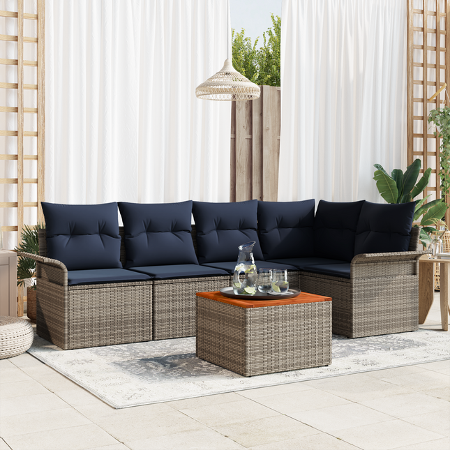 Havesofa Sæt med opbevaring 6 pcs Grå og Marineblå polyrattan