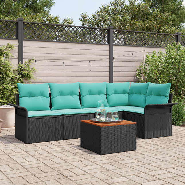 Havesofa Sæt med opbevaring 6 pcs Sort og turkis polyrattan