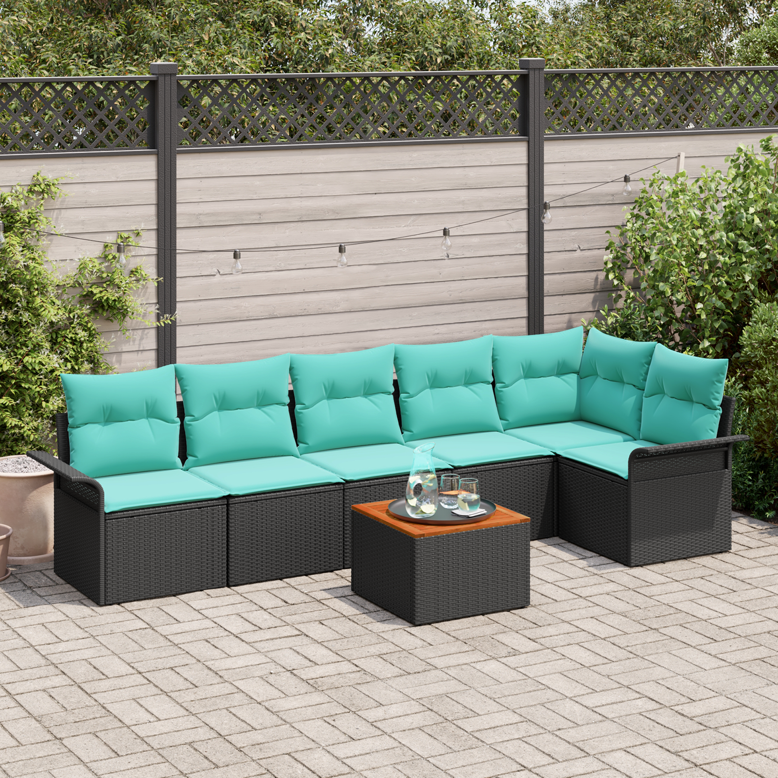 Havesofa Sæt med opbevaring 7 pcs Sort og turkis polyrattan