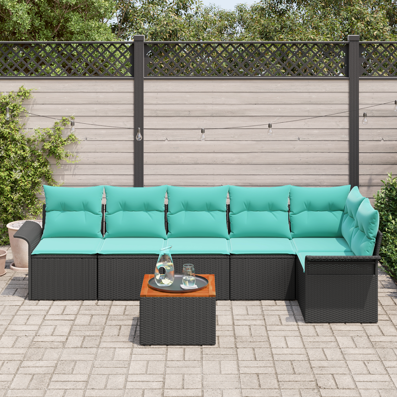 Havesofa Sæt med opbevaring 7 pcs Sort og turkis polyrattan
