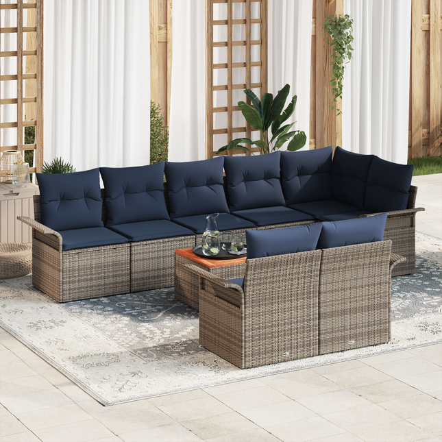 Havesofa Sæt med opbevaring 9 pcs Grå og Marineblå polyrattan