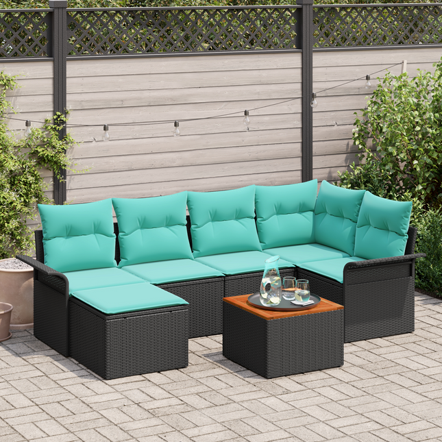 Havesofa Sæt med opbevaring 7 pcs Sort og turkis polyrattan