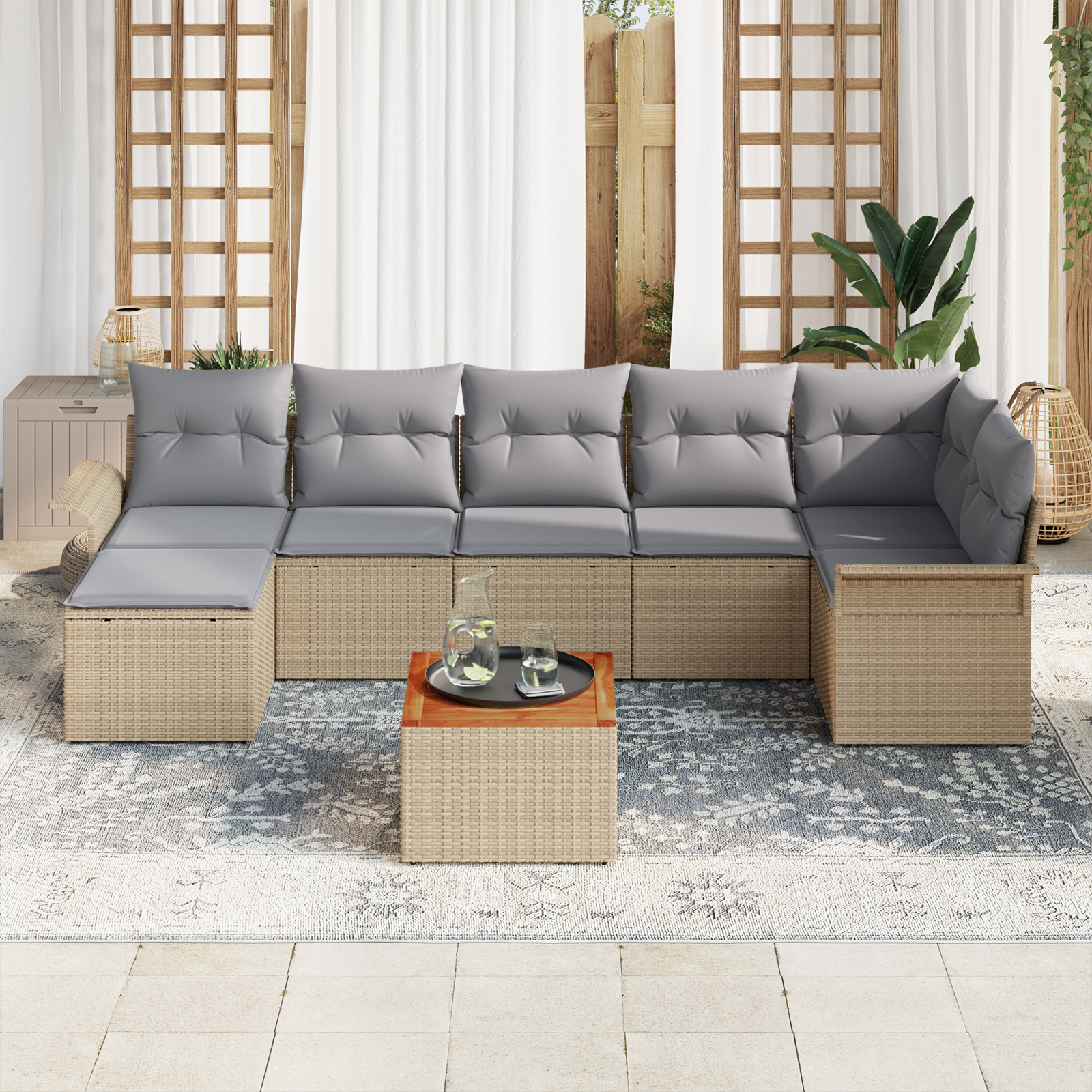 Havesofa Sæt med opbevaring 8 pcs Beige og lys grå polyrattan
