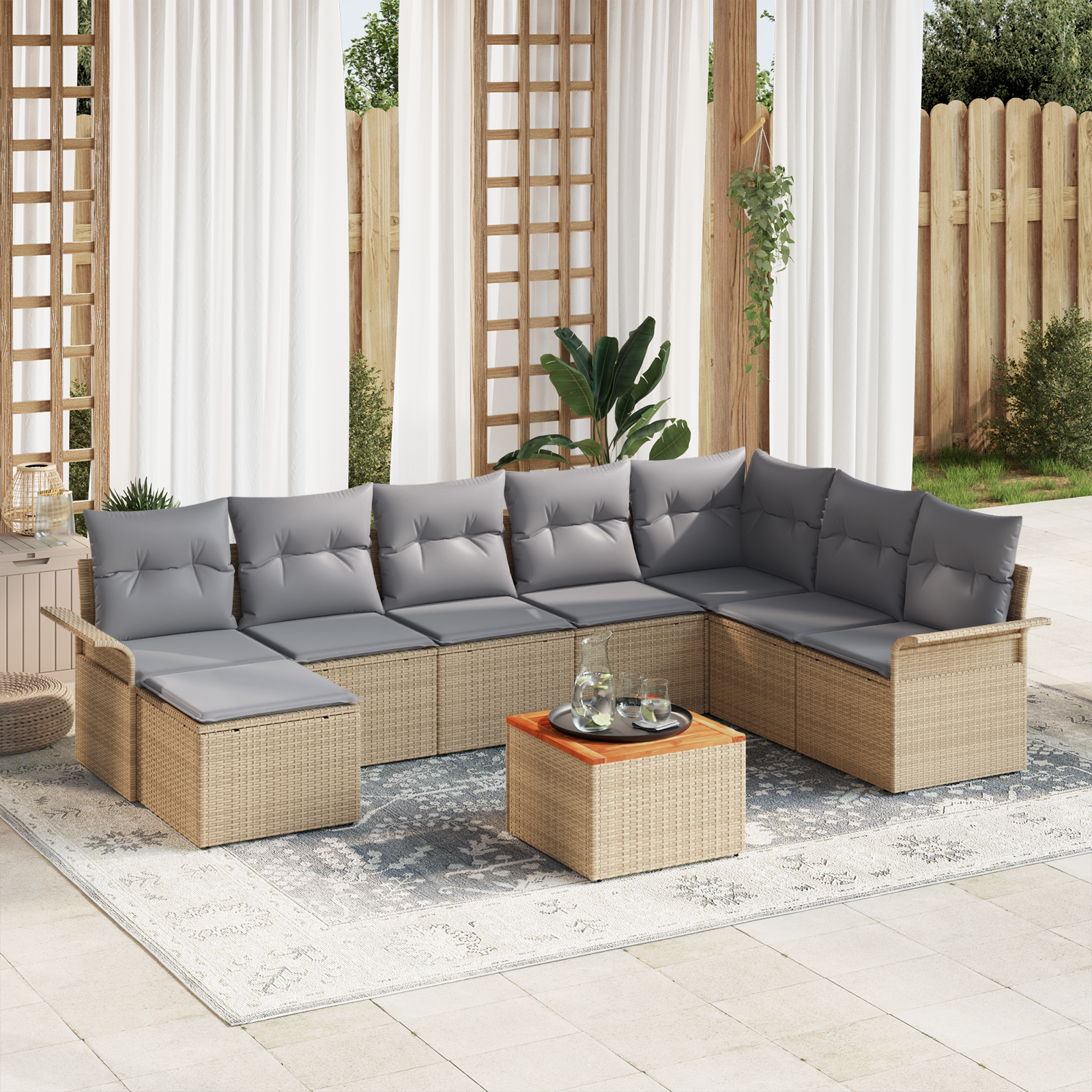 Havesofa Sæt med opbevaring 9 pcs Beige og lys grå polyrattan