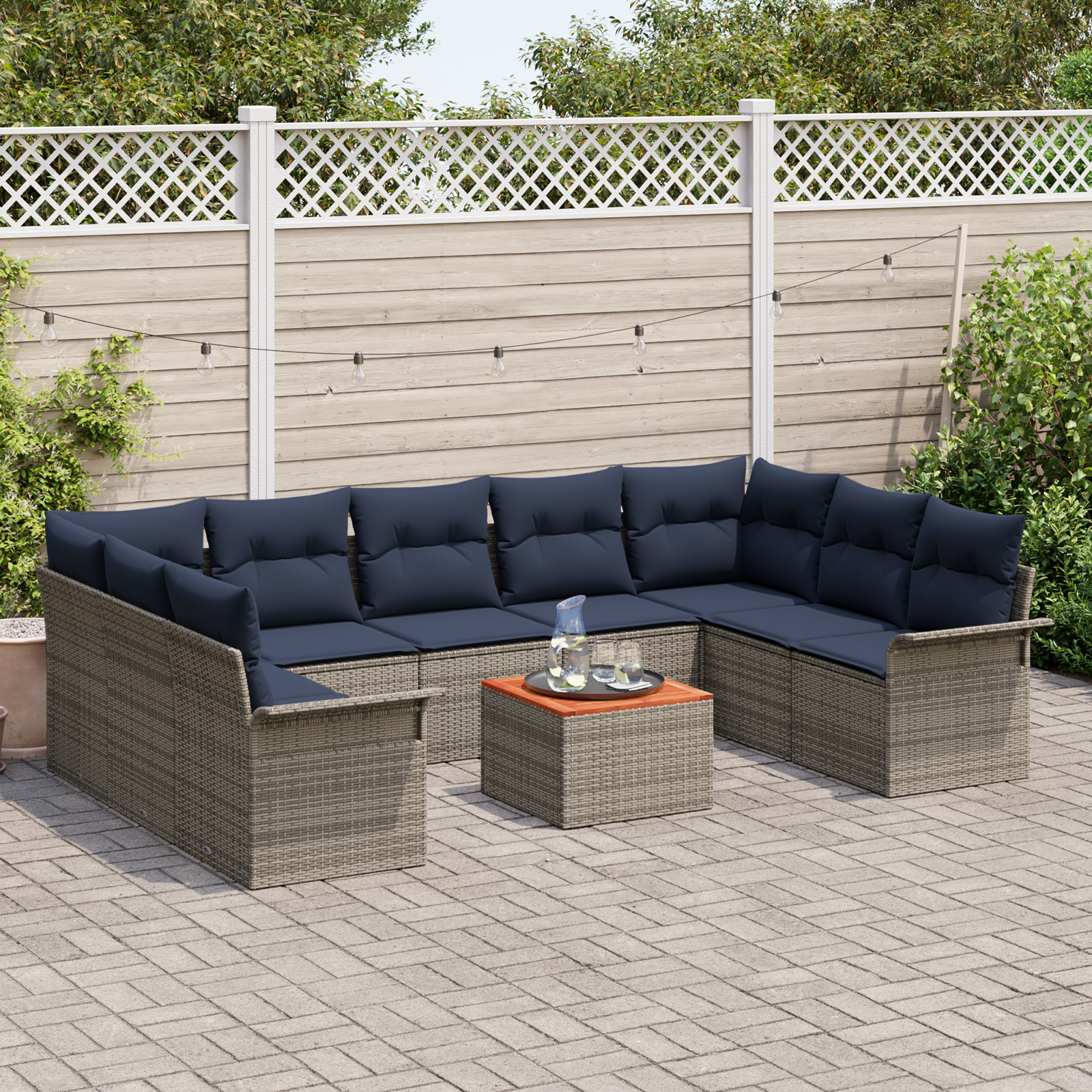 Havesofa Sæt med opbevaring 10 pcs Grå og Marineblå polyrattan