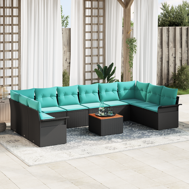 Havesofa Sæt med opbevaring 11 pcs Sort og turkis polyrattan
