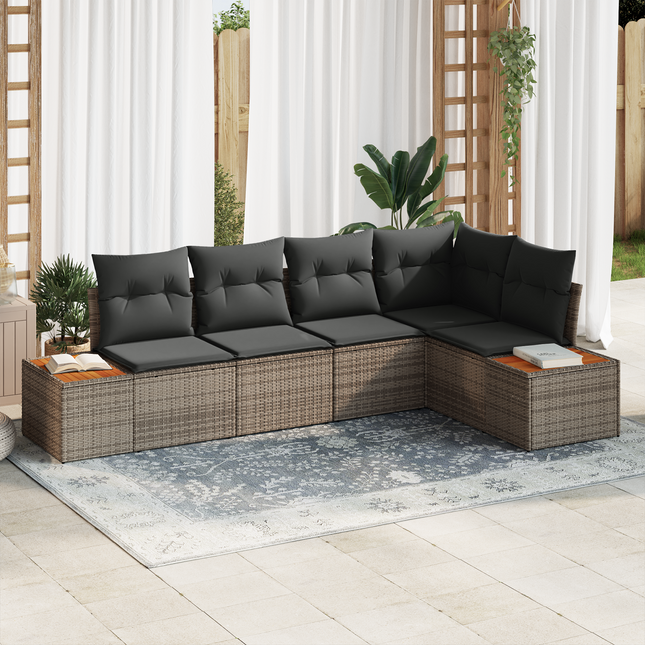 Havesofa Sæt med pude med opbevaring 5 pcs Grå Poly rattan