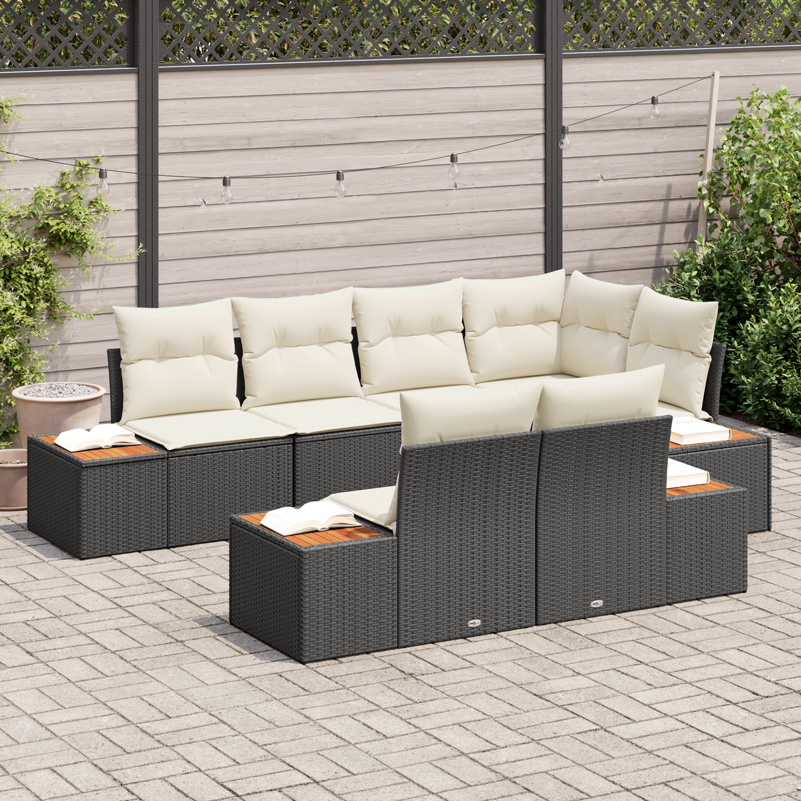Havesofa Sæt med pude 7 pcs Sort og Cream Polyrattan