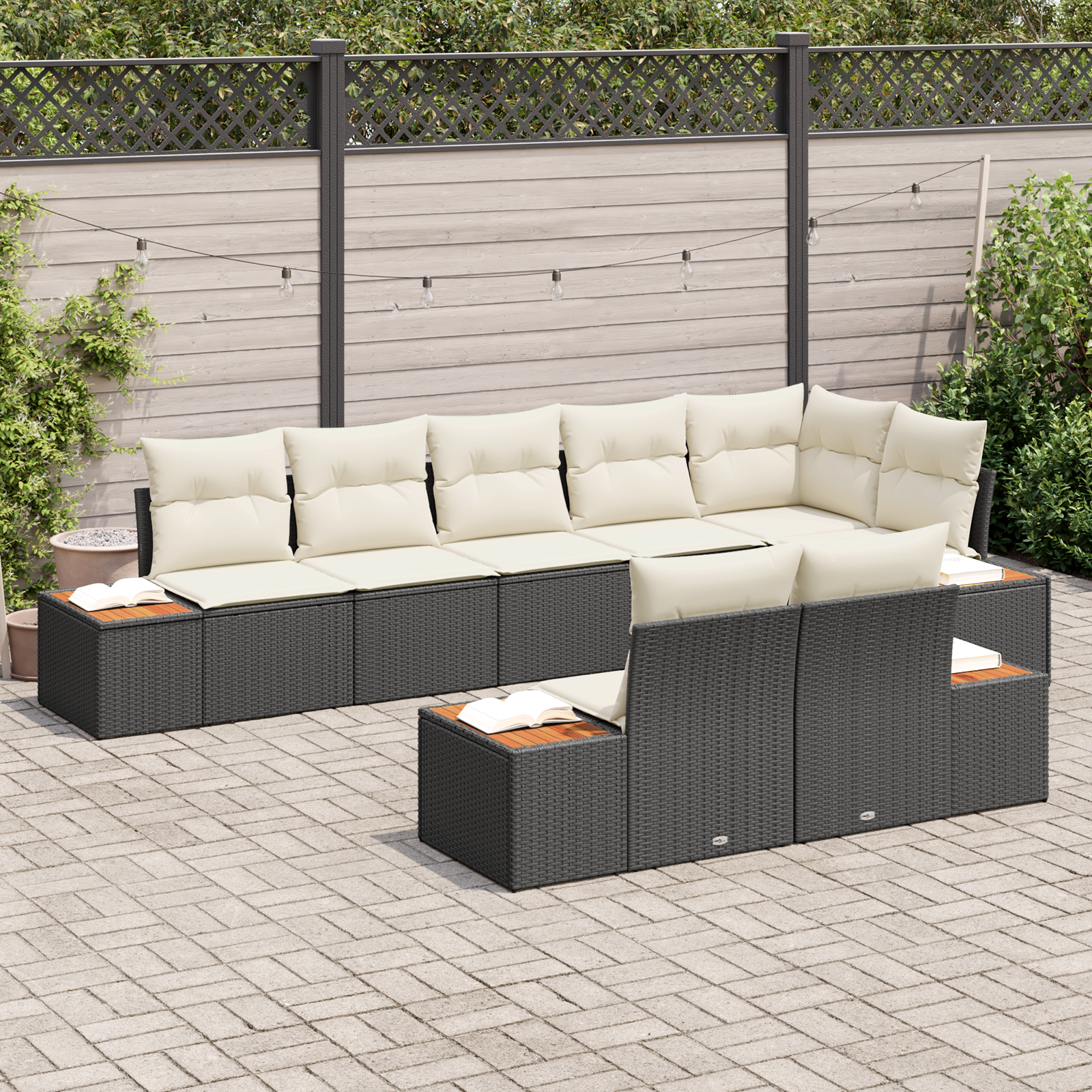 Havesofa Sæt med pude 8 pcs Sort og Cream Polyrattan
