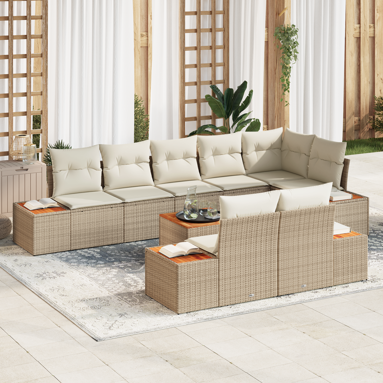 Havesofa Sæt med pude 8 pcs Beige og creme Polyrattan