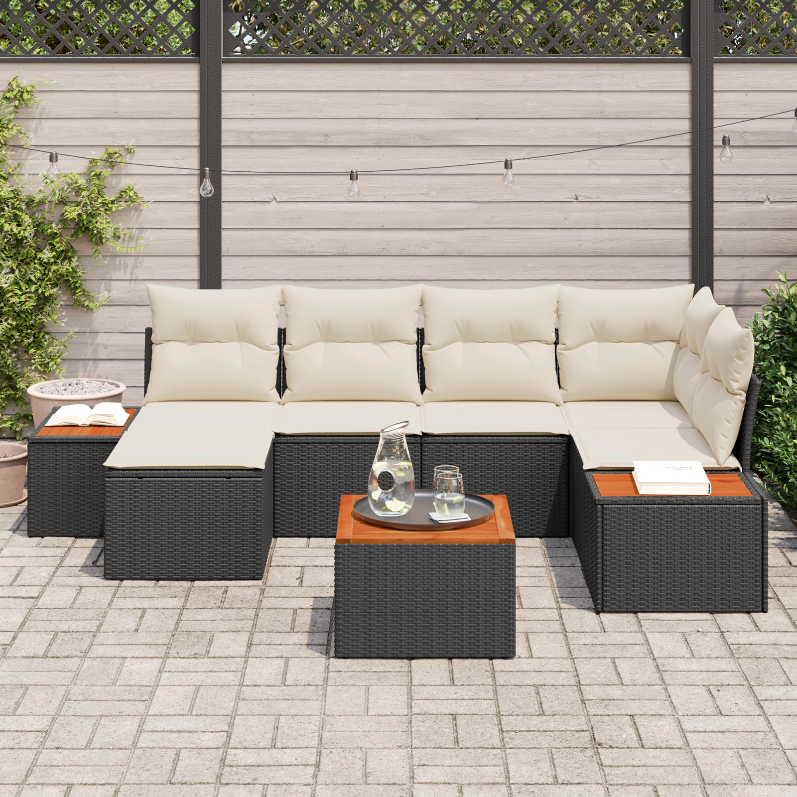 Havesofa Sæt med pude 7 pcs Sort og Cream Polyrattan