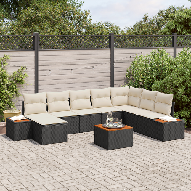 Havesofa Sæt med pude 9 pcs Sort og Cream Polyrattan