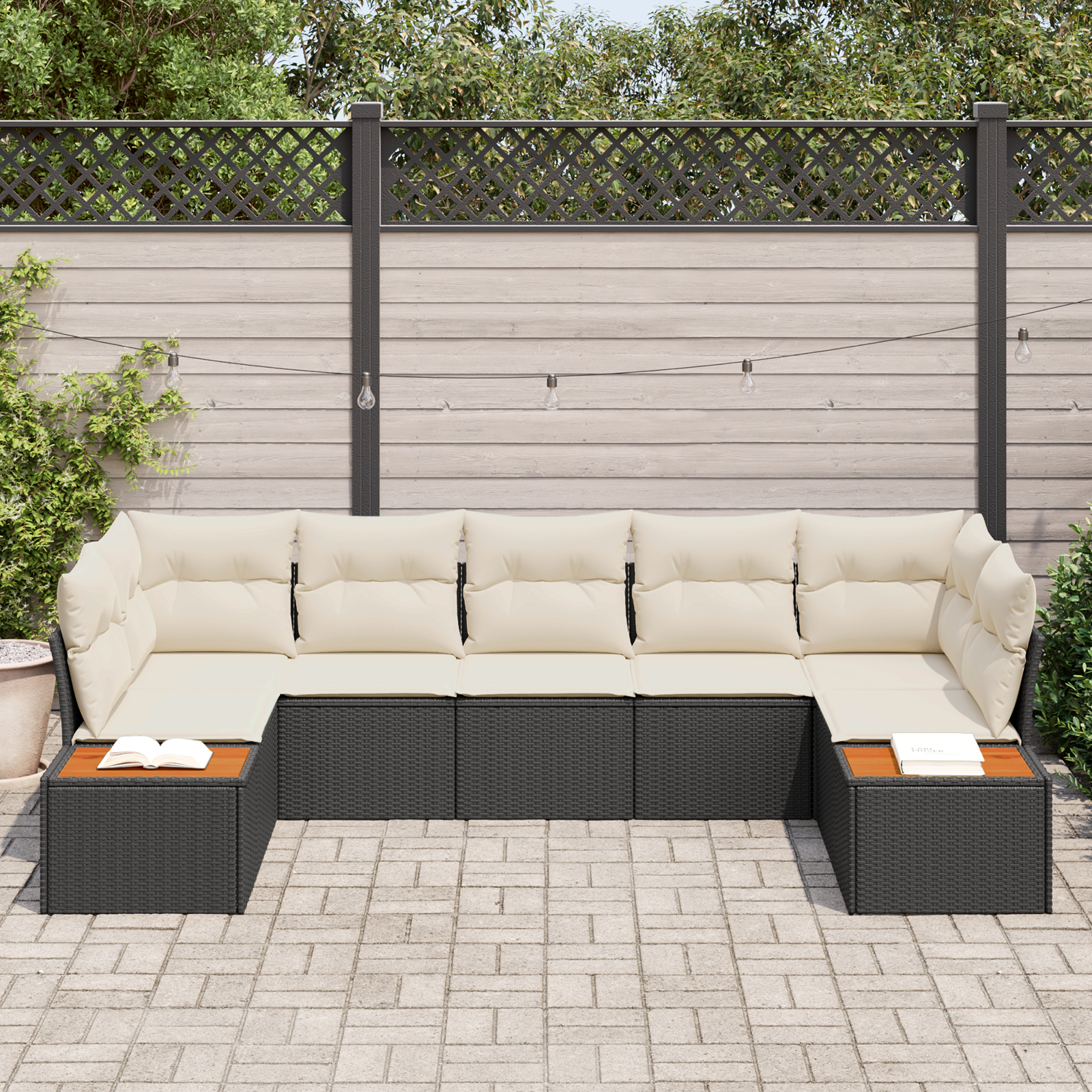 Havesofa Sæt med pude 7 pcs Sort og Cream Polyrattan
