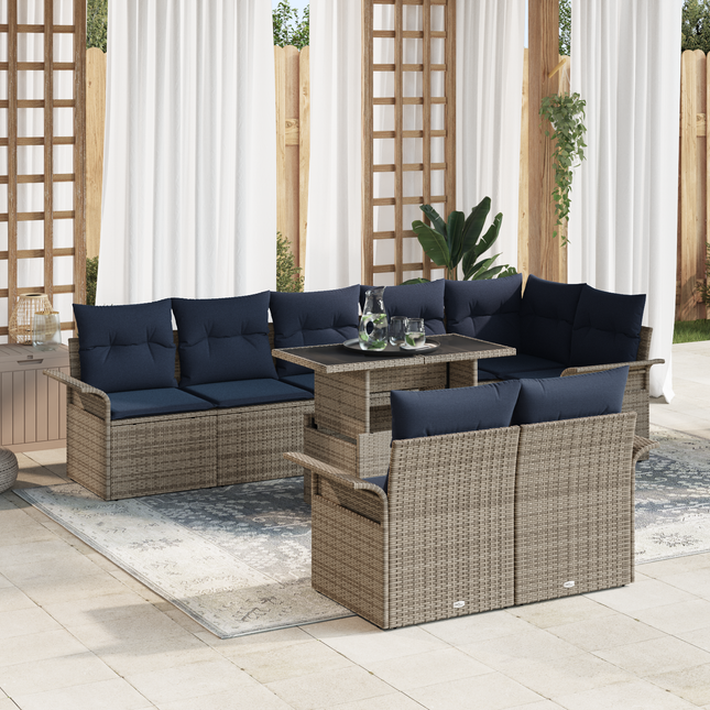 Havesofa Sæt med pude med opbevaring 9 pcs Grå Poly Rattan