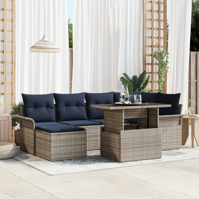 Havesofa Sæt med pude med opbevaring 7 pcs Grå Poly Rattan