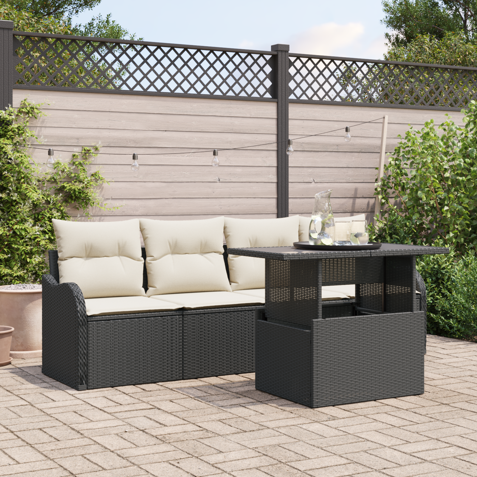 Havesofa Sæt med pude med opbevaring 5 pcs Sort Poly Rattan