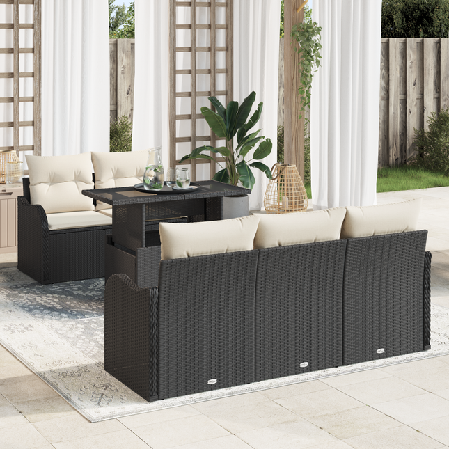 Havesofa Sæt med pude med pude 6 pcs Sort Poly Rattan