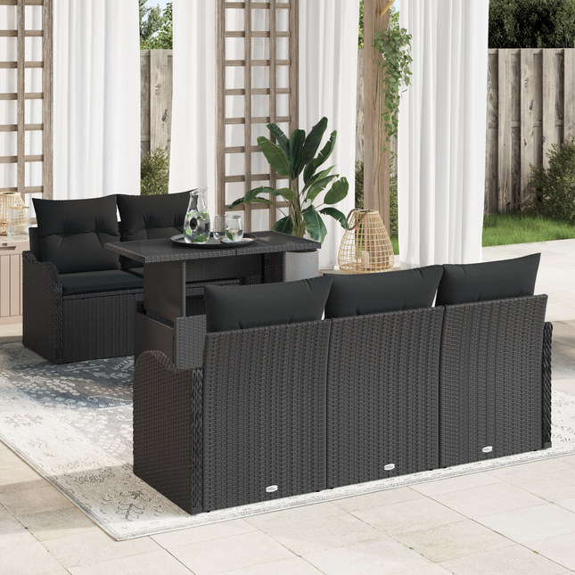 Havesofa Sæt med pude med pude 6 pcs Sort Poly Rattan