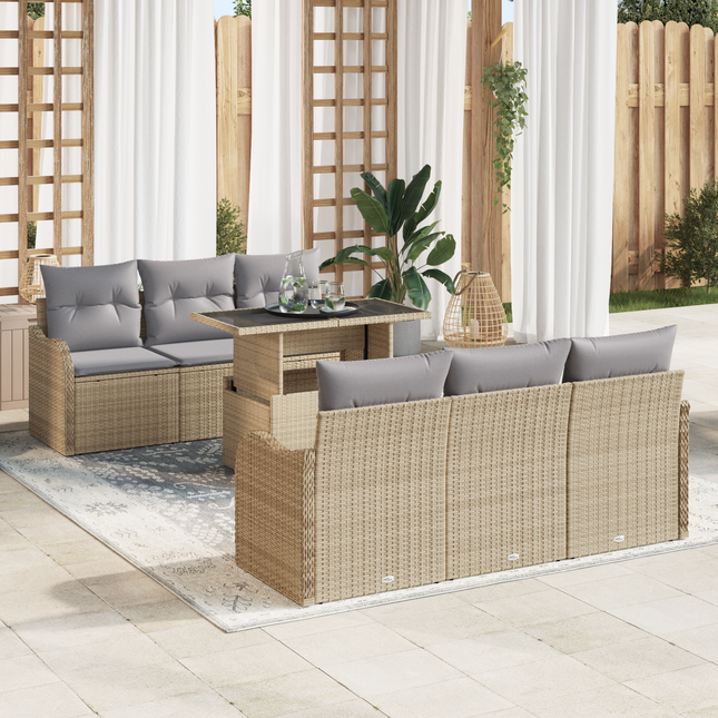 Havesofa Sæt med pude med opbevaring 7 pcs Beige Poly Rattan