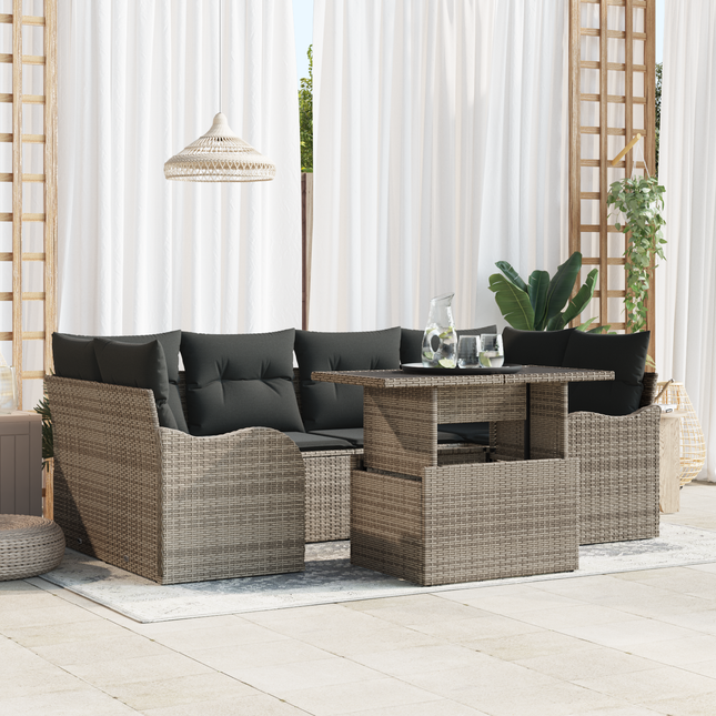 Havesofa Sæt med pude med opbevaring 7 pcs Grå Poly Rattan