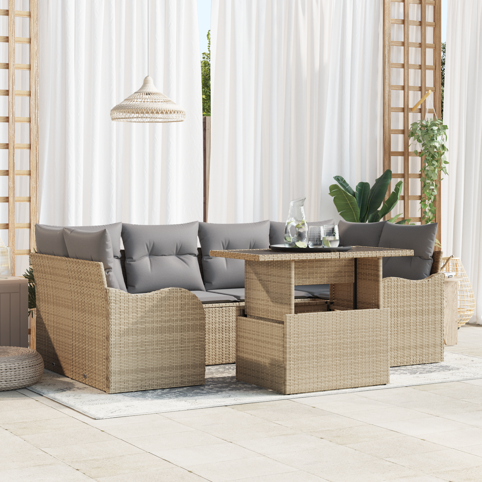 Havesofa Sæt med pude med opbevaring 7 pcs Beige Poly Rattan