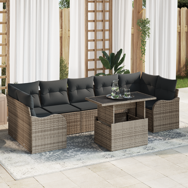 Havesofa Sæt med pude med opbevaring 8 pcs Grå Poly Rattan