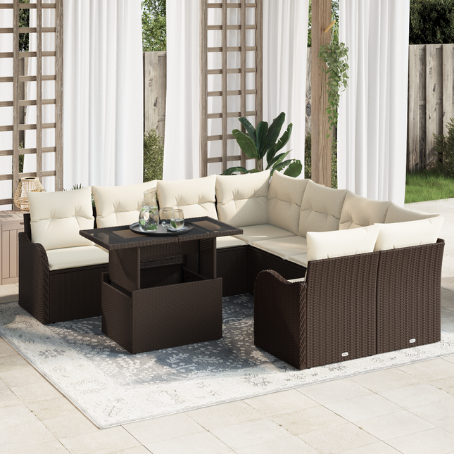 Havesofa Sæt med pude med pude 9 pcs Brun Polyrattan