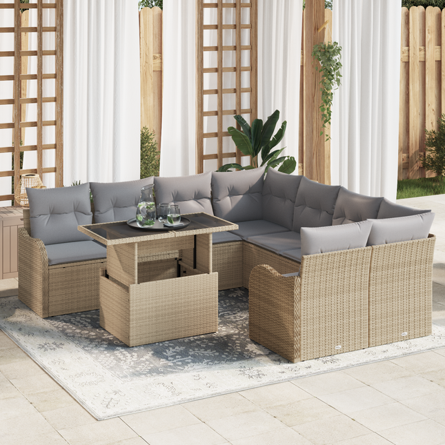 Havesofa Sæt med pude med pude 9 pcs Beige Polyrattan